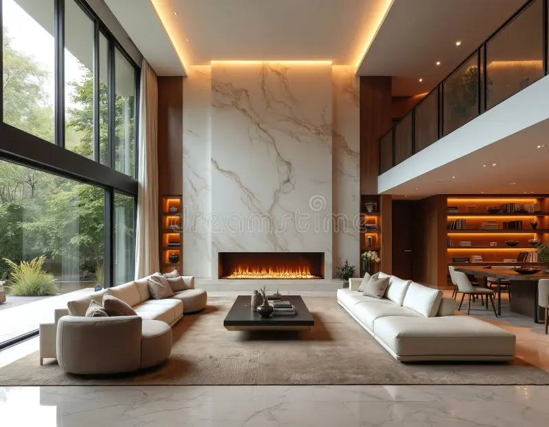 Luxury living room with marble feature wall and linear fireplace