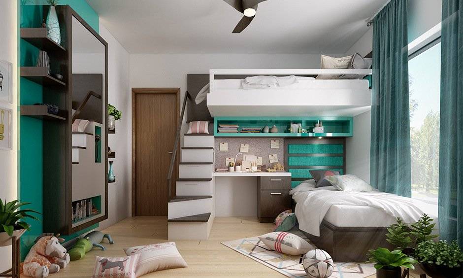 Kids bedroom with study unit and bunk bed